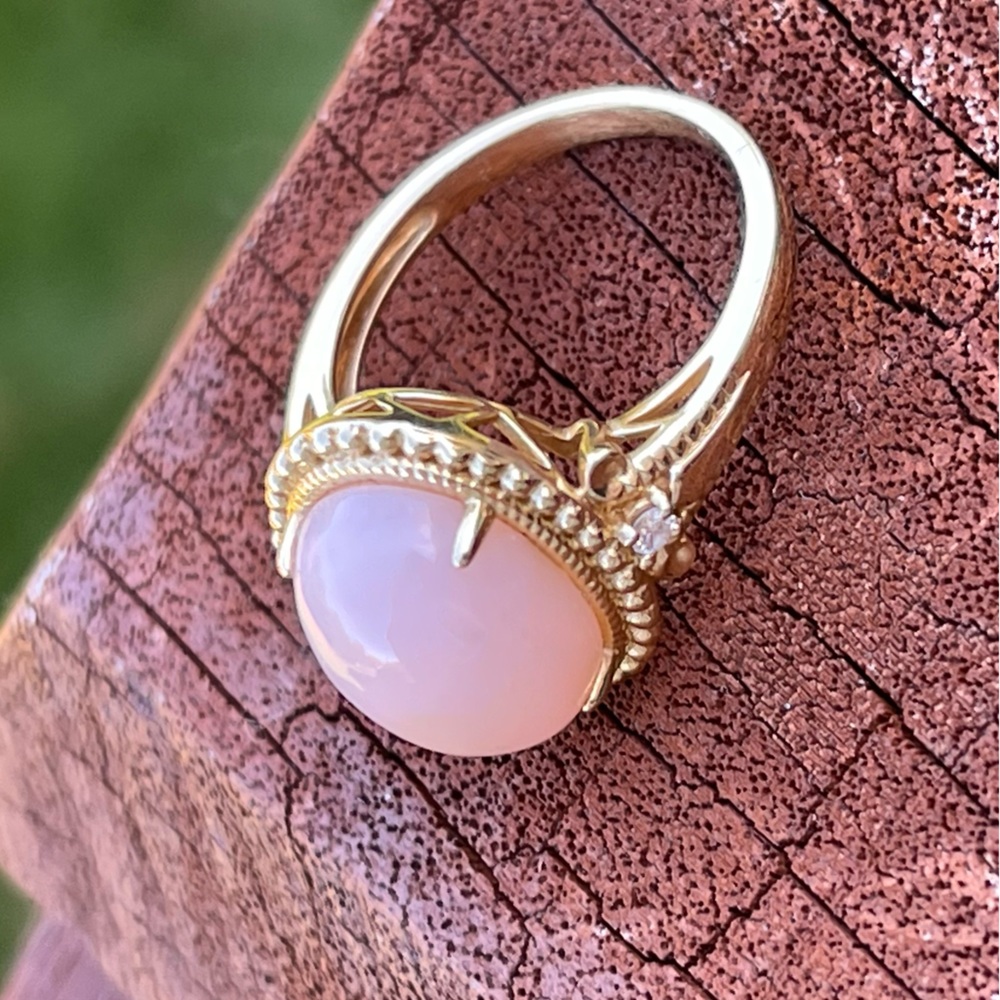 14K Yellow gold natural Oval cabochon Peruvian pink opal & diamonds ring RARE - Picture 9 of 16